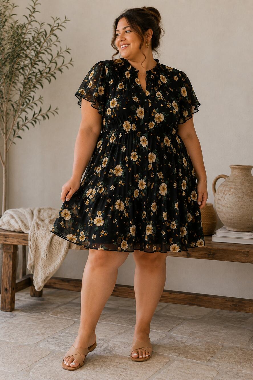 Torrid Black Yellow Floral Ruffled Mini Dress Womens 2X Spring Casual Beachy